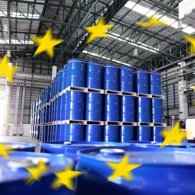 EU Flag & Chemicals in Warehouse
