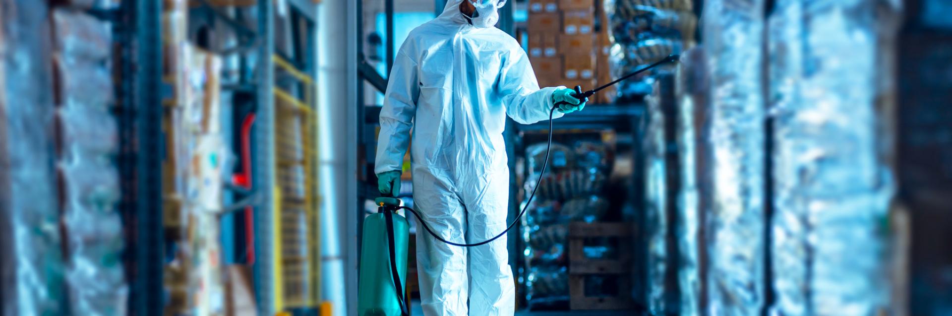 Biocides being sprayed in a storage warehouse.