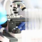 Nanomaterial being viewed with a microscope in a lab.
